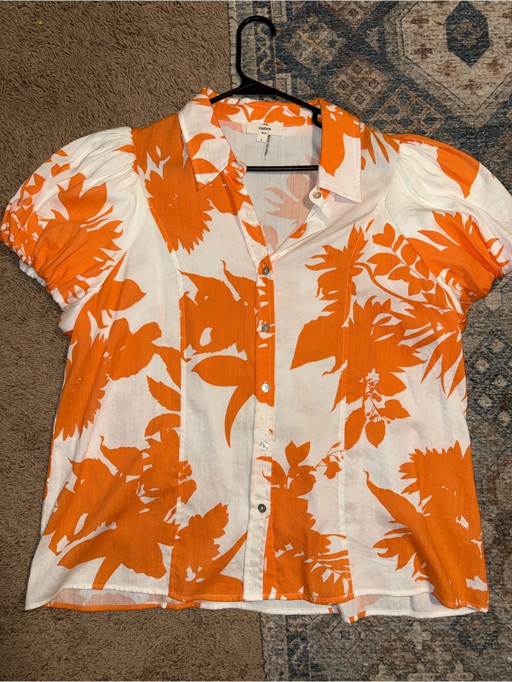 entro White Button-Down Top with Bright Orange Floral Print